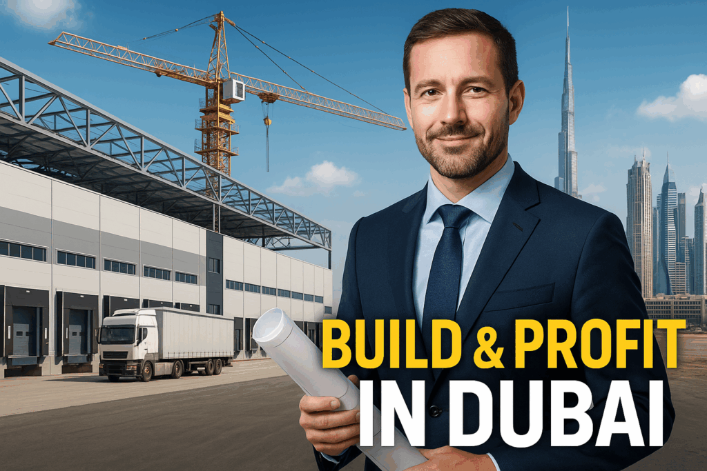 A construction site in Dubai showing the transformation of an empty plot into a modern commercial building, with cranes and workers in view.