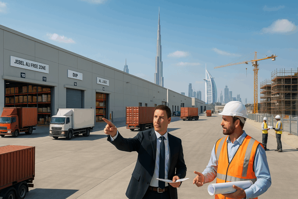 Modern warehouse construction site in Dubai’s industrial zone, showing steel frames, cranes, and developing infrastructure under a clear sky.
