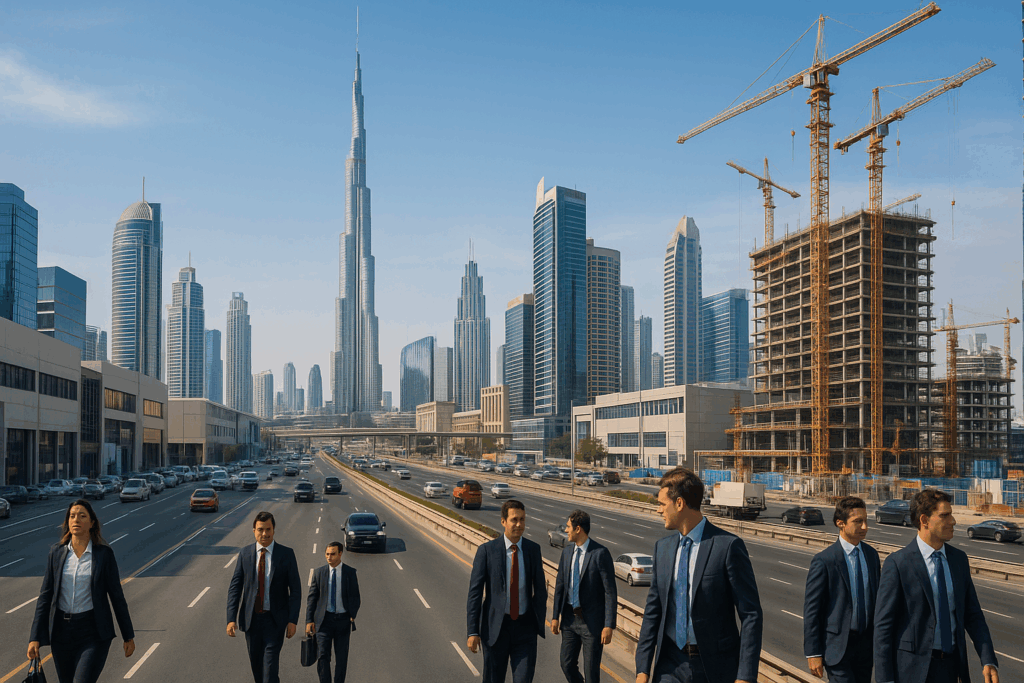 Modern commercial property under development in Dubai, with construction workers, cranes, and high-rise buildings in the background.