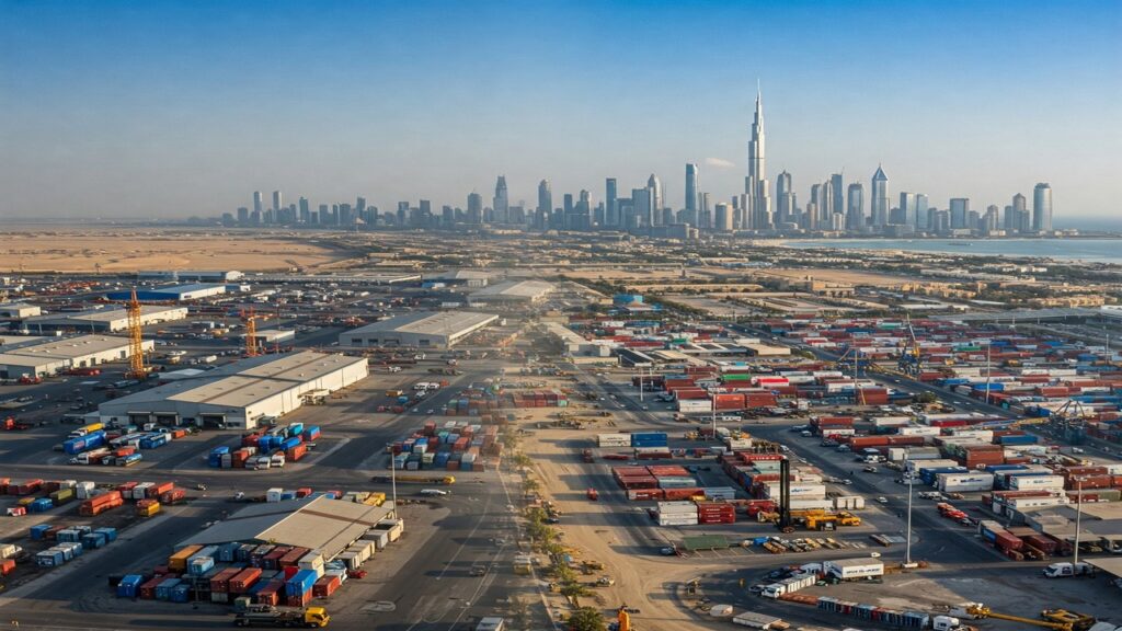Ongoing industrial project in Dubai with large steel-framed warehouse structures, heavy machinery, and infrastructure development.
